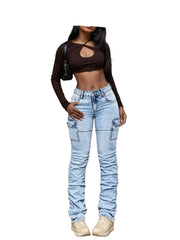 Women’s Light Wash Distressed Cargo Stacked Jeans