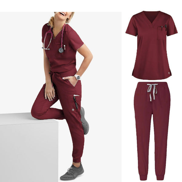 Women's Wine Red Short Sleeve Cargo Scrub Nurse Overalls Pant Set - Multi-Pocket Comfort