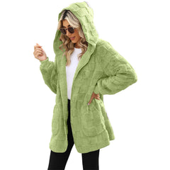 Green Women’s Plus Size Plaid Hooded Cardigan Cozy Fall Sweater with Pockets