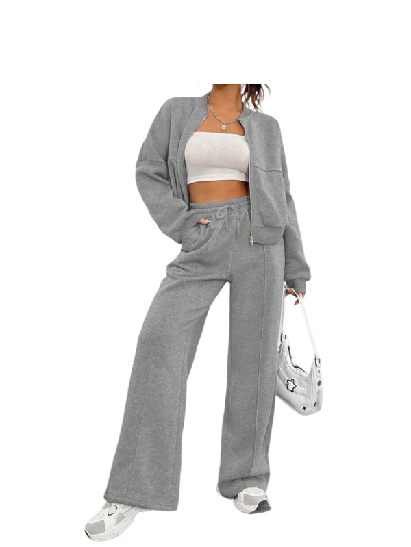 Gray Women's Wide-Leg Sweatpants Two-Piece Set Comfortable & Stylish Lounge Wear