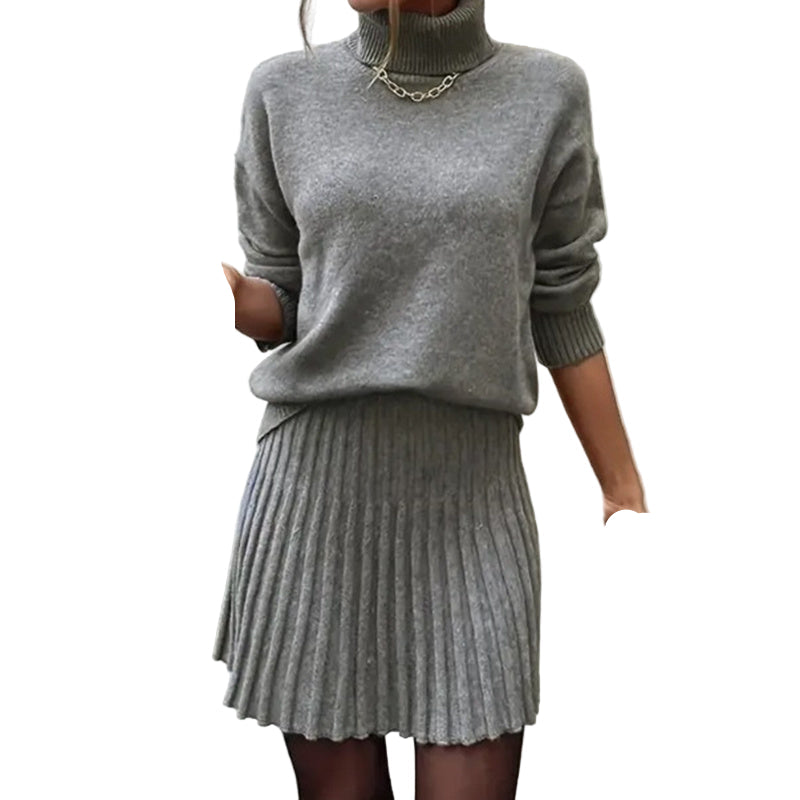Payton Women’s Ribbed Knit Set – Turtleneck Sweater & Mini Skirt Two-Piece Outfit