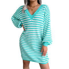 Versatile Striped V-Neck Long Sleeve Sweater Top for Women - Wear as a Dress!