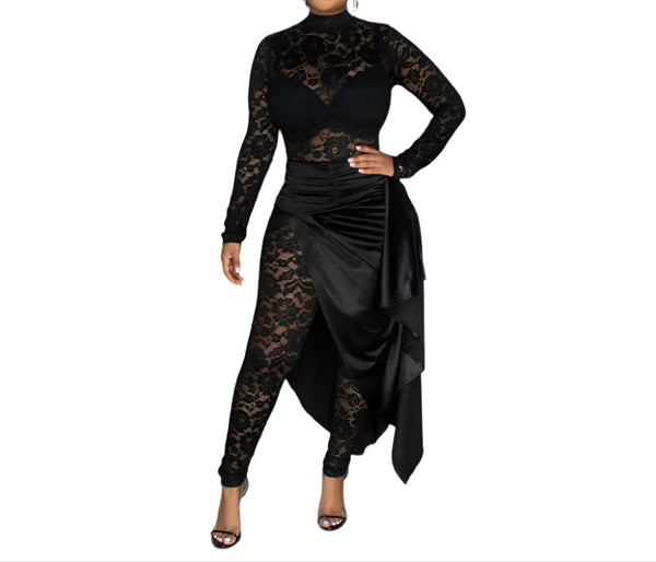 Black Women's Long-Sleeved Lace Bodysuit & Lace-Up Half-Length Cloak Skirt Set