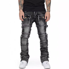 Black Men's Stacked Dark Vintage Wash Straight Leg Jeans Premium Denim Style