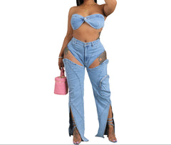 Medium Wash Denim 2-Piece Pant Set – Texas Rodeo Style for Women