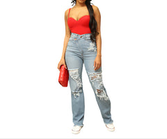 Women’s Washed High Waisted Ripped Jeans Straight Leg Premium Fit