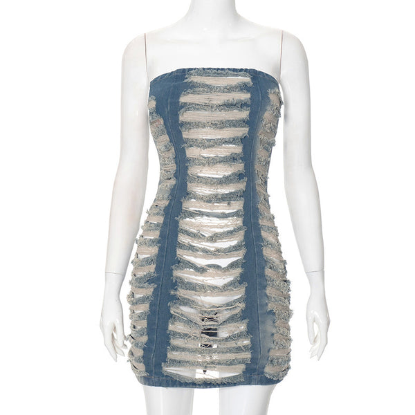 Stylish Strapless Distressed Denim Mini Dress for Women