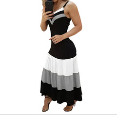 Gray Women's Coastal Color Block Maxi Dress – V-Neck Flowy Summer Beach Vacation Outfit