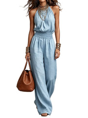 Light Blue Plus Size Women's Halter Neck Jumpsuit Wide Leg Pants Elegant Sleeveless One-Piece Outfit