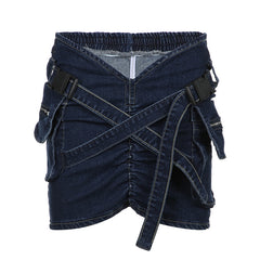 Women's Pleated Denim Skirt V-Waist Workwear Style with Buckle & Pockets