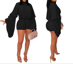 Black Chic Long Sleeve Pleated Romper for Women