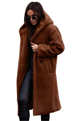 Brown Women's Long Hooded Faux Sheep Wool Coat - Warm & Stylish Winter 