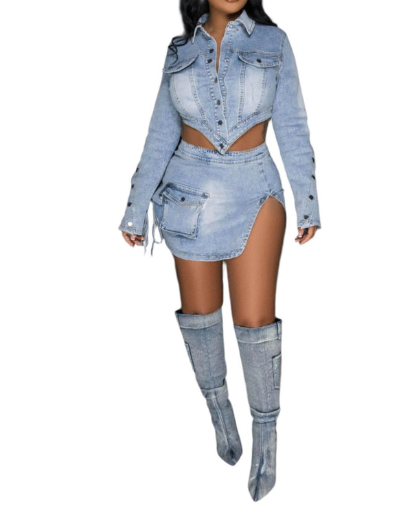 Women's Light Wash Irregular Slit Denim Micro Mini Skirt Set