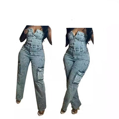 Women's Dark Wash Denim Corset Jumpsuit Set Sleeveless, Cut Out, Wide Leg