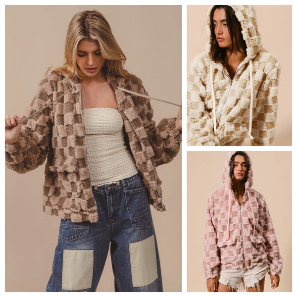 Cute Affordable Oversized Hooded Women's Plaid  Plush Jacket
