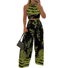 Green Women's Sleeveless Lined Tropical Pant Set – Vacation Night Outfit