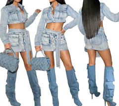 Upgrade Your Wardrobe: Women's Stylish Denim Skirt Set with Multi-Pockets!