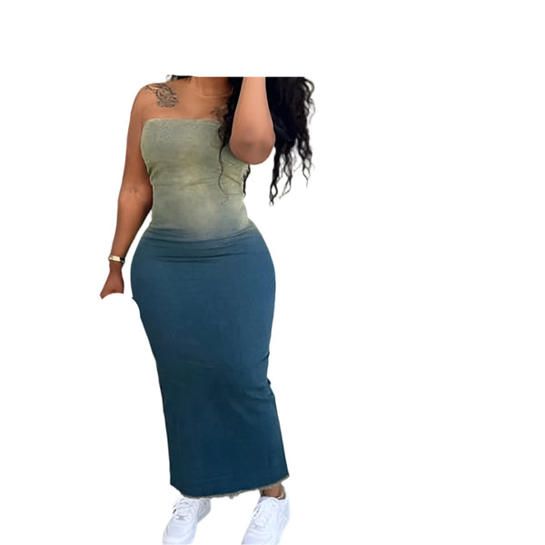 Plus Size Women’s Ombre Strapless Tube Top Denim Midi Dress  Sleeveless, Fitted, Split Back
