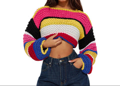 Women’s Fluffy Color Block Striped Knit Sweater  Cozy Pullover