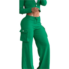 Green Women’s Travel Cargo Pant Set Lightweight 2-Piece Airport Outfit with Pockets