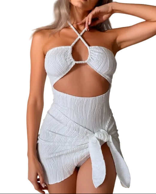 White Women’s Tie Knot One-Piece Swimsuit Swim Dress
