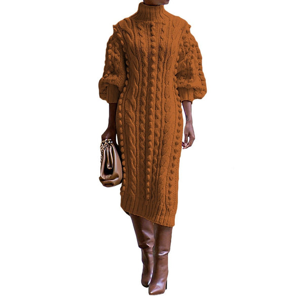 Stylish Women's Casual Knitted Long Dress with Turtleneck and Slit Detail