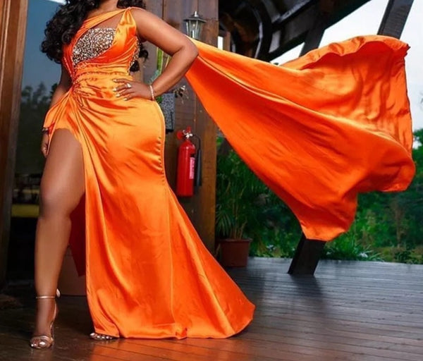 Satin Slit Luxury Formal Attire Evening Prom Dress