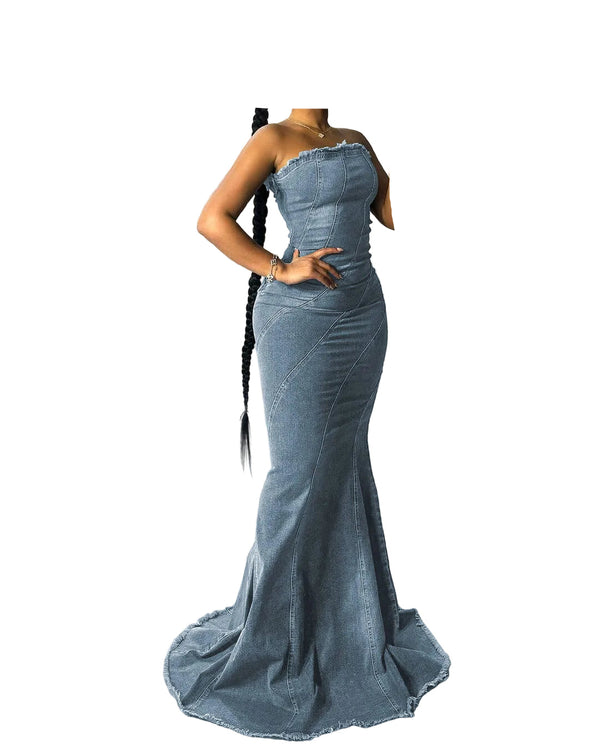 Women’s Denim Bandeau Maxi Dress in Medium Blue, Strapless Fit