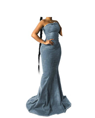 Women’s Denim Bandeau Maxi Dress in Medium Blue, Strapless Fit