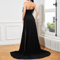 Women's Backless Long Sequined Prom Dress  Sleeveless Wrapped Chest Evening Gown