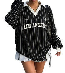 Black Women's Sporty Oversized Striped Knit Tee  Slubby Cotton Graphic Number T-Shirt