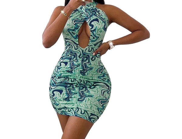 Elegant Miami Sytle Wrap:Women's  Printed Halter Mini Dress