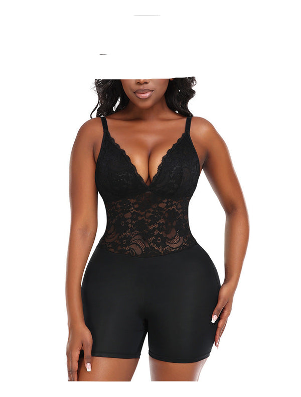Black Plus Size Women's Sculpting Deep V-Neck Lace Bodysuit Shaper