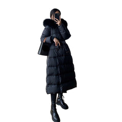 Black Winter Arctic Luxe 600-Down Ladies Long Puffer Coat  Quilted Elegance with Faux-Fur Hood