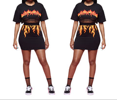 Black Flame Mesh Crop Top & Skirt Set Sexy Sheer Two-Piece Outfit for Women