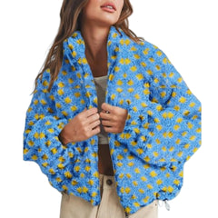 Blue Women's Hooded Plush Fleece Jacket Plus Size Zipper Coat