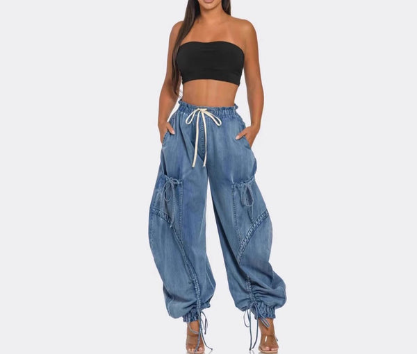 Women's Baggy Wide-Leg Harem Jeans Stylish Loose Straight Fit with Drawstring