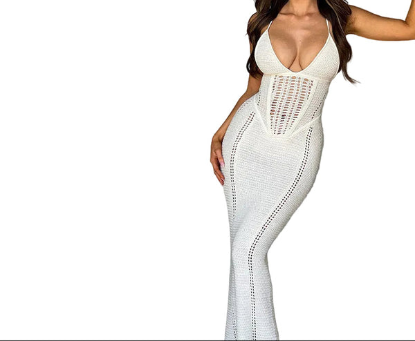 Women’s Knit Halter Maxi Dress  Backless V-Neck