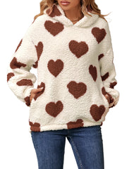 Plus Size Women’s Oversized Love Brown Heart Pullover  Wool & Hooded Plush Sweatshirt