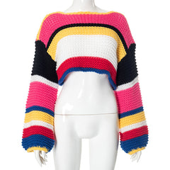 Women’s Fluffy Color Block Striped Knit Sweater  Cozy Pullover