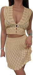 Women’s Summer Crochet Skirt Set Hollow Out Beach Cover Up Tank Top & Skirt Outfit