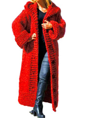Red Holiday Women's Fall Chunky Knit Cardigan  Long Open Front Sweater, Solid Colors, Cozy & Stylish