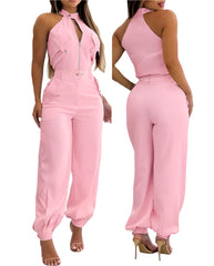 Pink Women's 2-Piece Halter Neck Set – High Waist Pants & Top Summer Outfit