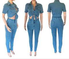 Women’s Slim Fit Denim Jumpsuit – Short Sleeve Casual One-Piece Romper