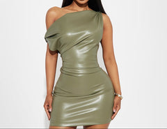 Green Faux Leather Ruched One-Shoulder Mini Dress