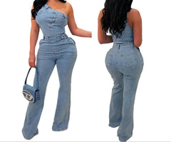 Trendy Slant Shoulder Denim Tight Waist, Slim Fit Jumpsuit