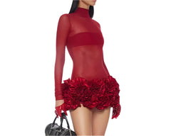 Women's Red Valentine's Day Mock Neck Long Sleeve Sheer Mini Dress Elegant & Sexy Party Wear
