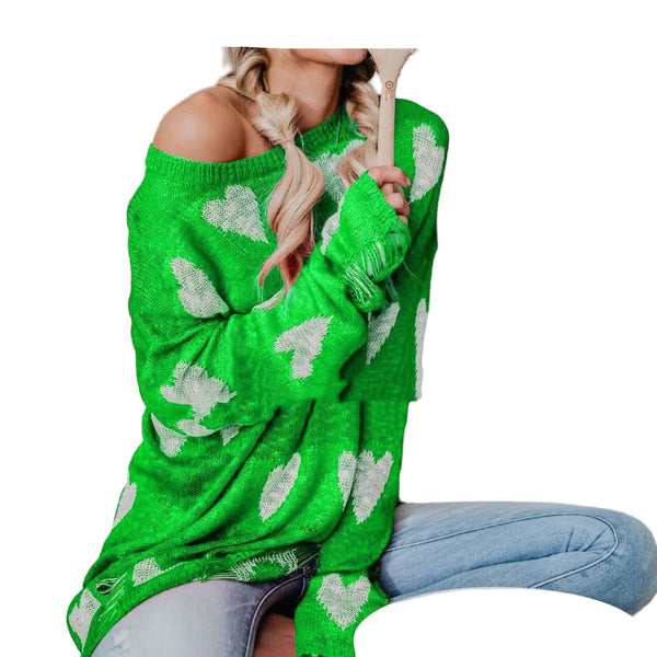 Women’s Plus Size Heart Knit Distressed Sweater  Long Sleeve Pullover