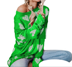 Green Women’s Plus Size Heart Knit Distressed Sweater Long Sleeve Pullover