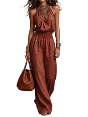 Brown Plus Size Women's Halter Neck Jumpsuit Wide Leg Pants Elegant Sleeveless One-Piece Outfit